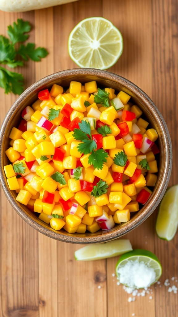 A colorful sweet corn salad with bell peppers and cilantro in a rustic bowl on a wooden table.